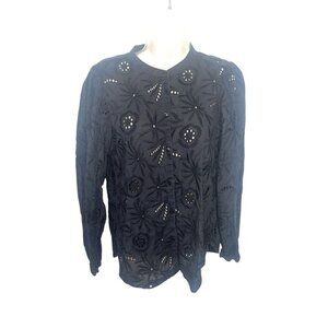 H&M Women's Size 4 Black Long Sleeve Eyelet Cutout Button Up Blouse